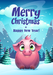 Vector illustration pig greeting card Merry Christmas