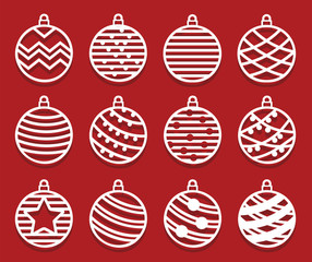 Christmas balls for laser cutting. New Year card. Simple abstact shapes. Set of icons.