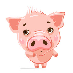 Cute little pig. Cartoon vector character.  Vector illustration of cute funny emoji characters.  Shy characters. Stickers. Flat style.