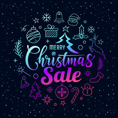 Obraz premium Merry Christmas sale message with icons purple circle shape on star and black background, vector illustration