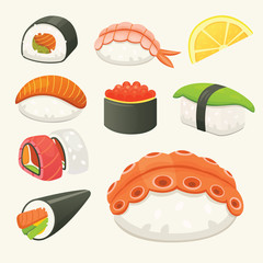Traditional japanese sushi and rolls. Asian seafood, restaurant delicious illustration.