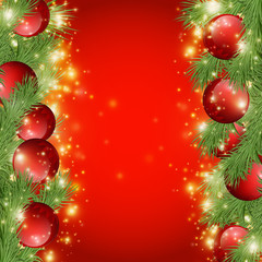 Fototapeta na wymiar Red shiny background with Christmas decorations, decorative spruce branches, golden stars , holiday Merry X-mas and Happy New Year, illustration.eps 10