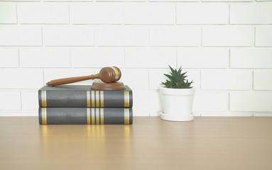 law book & judge gavel near white brick wall. lawyer attorney justice workplace