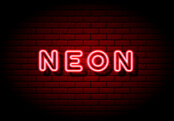 Red neon sign on brick wall background.