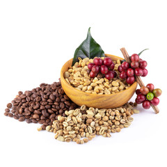 Fresh Coffee Red Berry branch ,Coffee beans and Roasted coffee beans isolated on white background