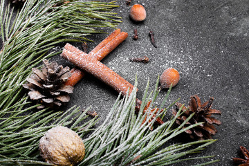 Beautiful Christmas Background with copy space for your text. Pine branch, cones, cinnamon, nuts covered with snow