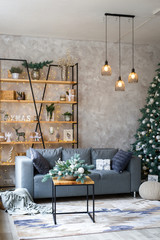 Interior of modern living room with comfortable sofa decorated with Christmas tree and gifts