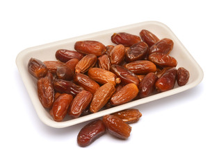 Dates are in the package isolated on a white background. Flat lay, top view