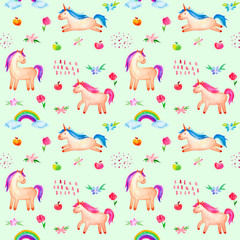 Seamless pattern. Cute watercolor unicorn isolated on green blue background. Beautiful watercolor unicorn illustration. Magic trendy pink cartoon horse perfect for nursery print and poster design.