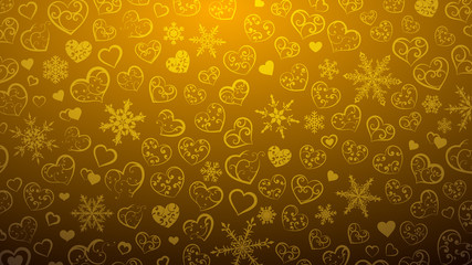 Background of snowflakes and hearts with ornament of curls, in golden colors