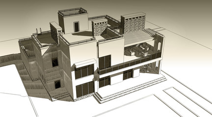 3d pencil sketch illustration of a modern private building exterior facade design. Old paper or sepia effect