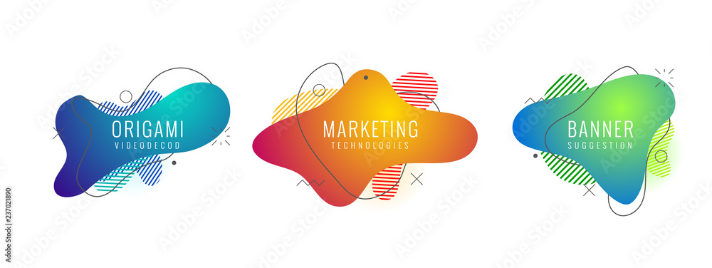 Poster set of liquid color abstract geometric shapes. fluid gradient elements for minimal banner, logo, soc