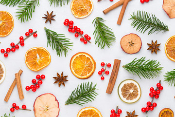 Christmas composition. Gifts, cones decorations on white background. Christmas, winter, new year concept. Flat lay, top view, copy space.  Flat lay. Top view.