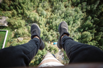 Work at height, panoramic view from height. rope jumping