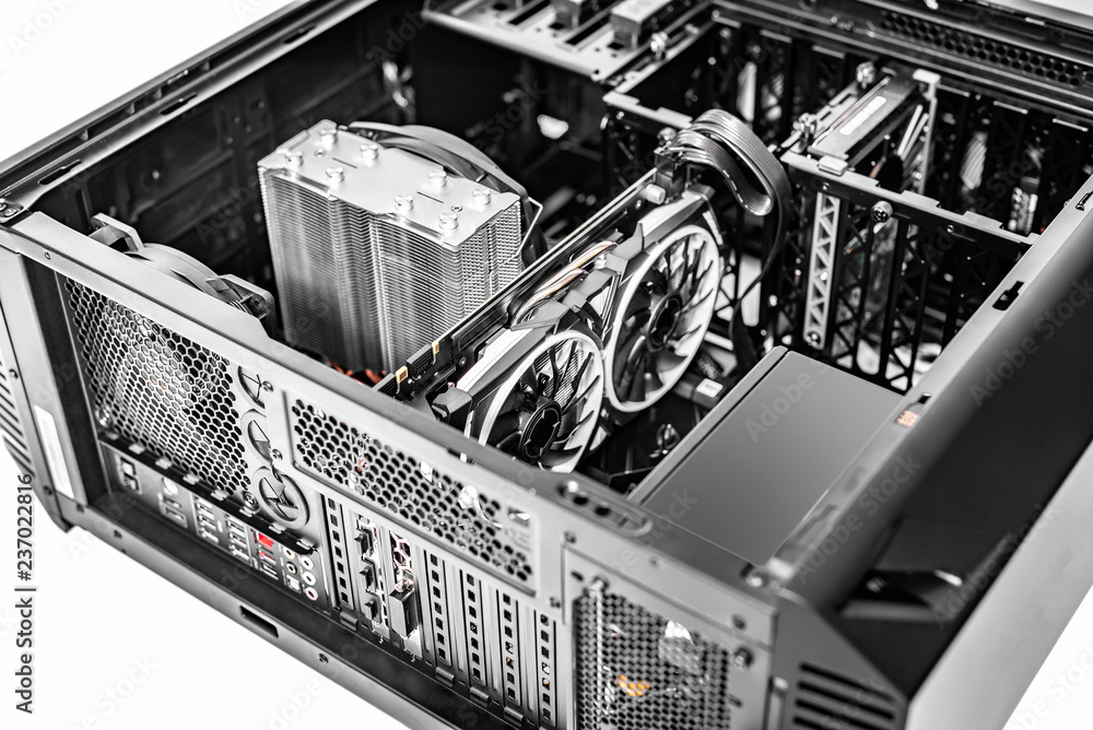 Poster pc system unit. components of the computer at the time of assembly of the pc.