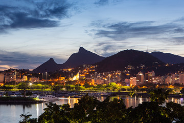 Beautiful panoramic view of the city of Rio de Janeiro with corcovado at dusk.