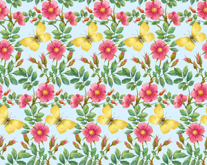 Wild rose and yellow butterfly. Seamless background pattern. Version 4