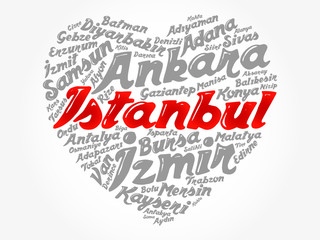 Heart word cloud with List of cities in Turkey, concept background