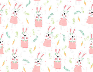 Cute rabbit cartoon seamless pattern animal with carrots and leaf on white color background.vector,illustration.