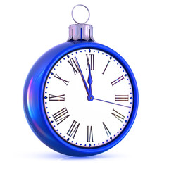 New Year 12 clock last hour midnight time countdown pressure. Christmas ball decoration ornament white blue adornment bauble. Happy wintertime holidays party beginning. 3d rendering