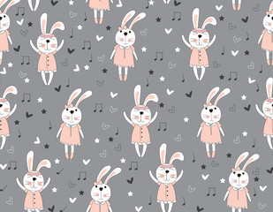 Animal de modèle sans couture de dessin animé mignon lapin sur fond de couleur grise.vector, illustration.