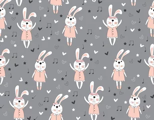 Voilages Lapin Animal de modèle sans couture de dessin animé mignon lapin sur fond de couleur grise.vector, illustration.