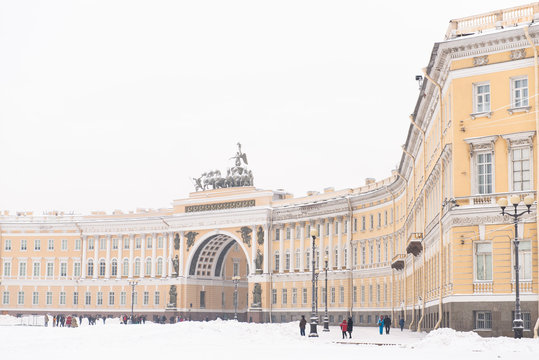 St. Petersburg, Russia - January 17, 2016: The Arch of General Staff on the Palace Square in snow. Saint Petersburg, Russia. Winter time