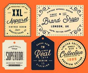 Collection of clothing tags, labels, badges, design elements. Denim typography labels
