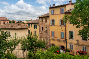 Fototapeta na wymiar Row of classic italian houses in the historic town of Siena in Tuscany, Italy and some trees in the front