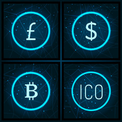 Bitcoin and Yen Ico and Dollar Icons Set Vector