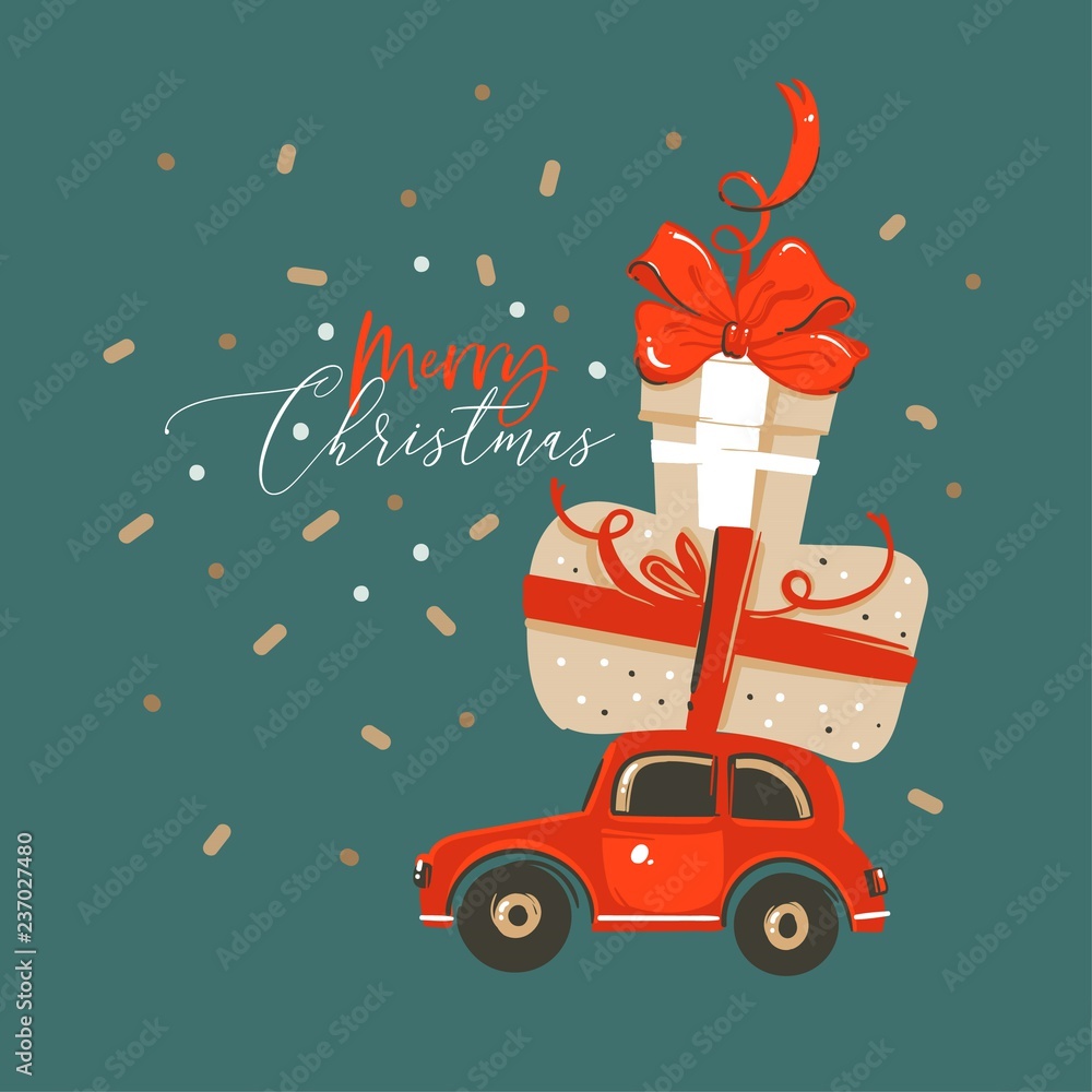 Wall mural Hand drawn vector abstract fun Merry Christmas and Happy New Year time cartoon illustration greeting card with xmas surprise gift boxes and car isolated on green background