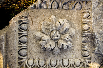 Part of ancient building, ornate block from Nicaea (Iznik) Ancient City. Flower shape and frame.