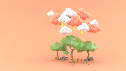 Rain falls on a big tree on a pink background.-3d render.