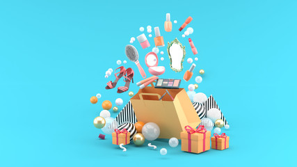 Cosmetics and high heels shoes float out of the bag amid colorful balls on the blue background.-3d render..