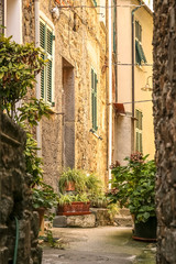 Narrow street in Corniglia, in Cinque Terre, Italy