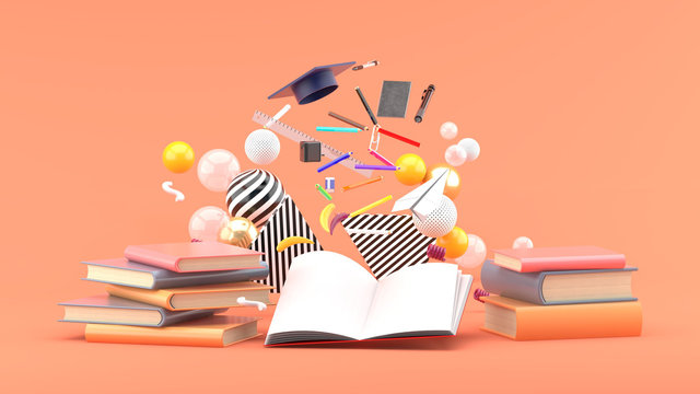 School Supplies Floating out of a book amidst colorful balls on a pink background.-3d render..