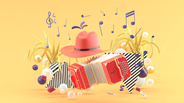 Accordion and a cowboy hat among the notes and colorful balls on the orange background.-3d render.