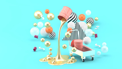 Fototapeta na wymiar Golden liquid paints spouting from pink can among the colorful balls on the blue background.-3d render.