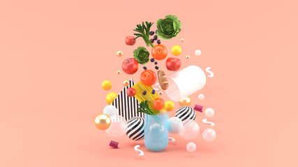The food floats out of the capsule amidst colorful balls on the pink background.-3d render..