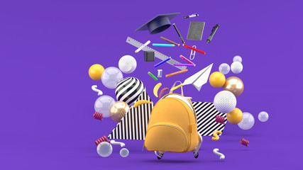 School Supplies Floating out of a school bag amidst colorful balls on a purple background.-3d render..
