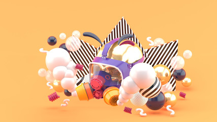 Gas masks surrounded by smoke and colorful balls on a orange background.-3d rendering.