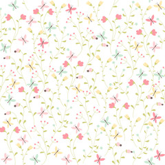 Vector floral pattern in doodle style with flowers and leaves.