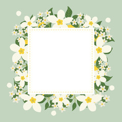 Floral greeting card and invitation template for wedding or birthday anniversary, Vector square shape of text box label and frame, Lemon flowers wreath ivy style with branch and leaves.