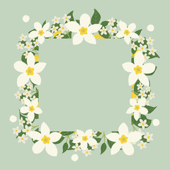 Floral greeting card and invitation template for wedding or birthday anniversary, Vector square shape of text box label and frame, Lemon flowers wreath ivy style with branch and leaves.