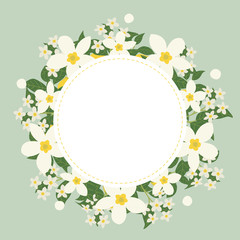 Floral greeting card and invitation template for wedding or birthday anniversary, Vector circle shape of text box label and frame, Lemon flowers wreath ivy style with branch and leaves.