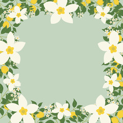 Fototapeta premium Floral greeting card and invitation template for wedding or birthday anniversary, Vector square shape of text box label and frame, Lemon flowers wreath ivy style with branch and leaves.