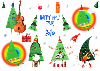 Watercolor Christmas tree card. New year background  