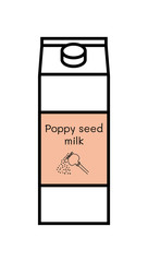 Vector line icon of vegan poppy seed milk isolated on a white background. Plant based non dairy alternative. Black icon of carton box with screw cap and with label with illustration of poppy.