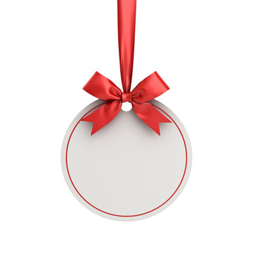 Blank white paper round christmas ball frame tag label card template hanging with shiny red ribbon and bow isolated on white background for christmas decoration 3D rendering
