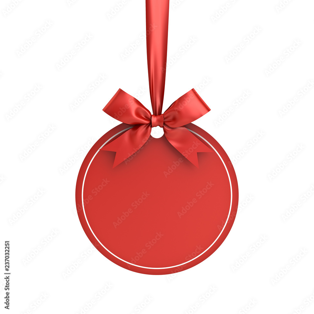 Poster blank red paper round christmas ball frame tag label card template hanging with shiny red ribbon and